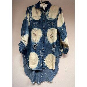 Thrill Jeans Womens High Low Distressed Button Down Denim Shirt Top Large Blue